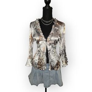 Vintage Silver Ruffle Gray Tye Front Blouse!